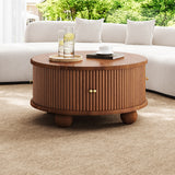 Round Fluted Coffee Table with Storage, Pine Solid Wood, Sliding Door