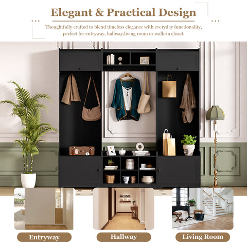 79.1''Wide Modern Hall Tree with Shoe Storage, 4-in-1 Entryway Bench with 8 Cubbies, 7 Coat Hooks & Adjustable Shelf for Hallway, living room