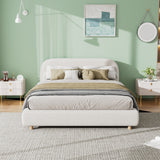 Queen Size Upholstered Bed With Boucle Fabric,Curved-Shape Design Thick Headboard, Solid Wood Legs,White