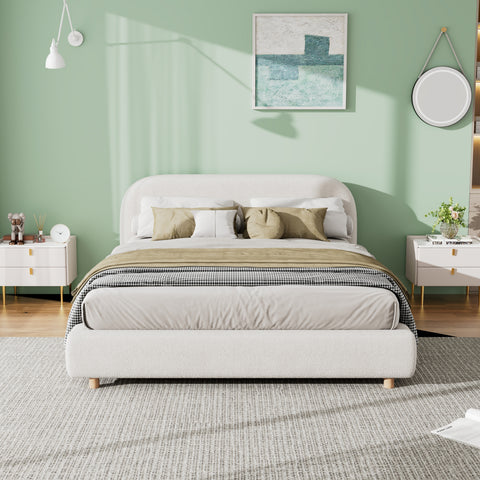 Queen Size Upholstered Bed With Boucle Fabric,Curved-Shape Design Thick Headboard, Solid Wood Legs,White