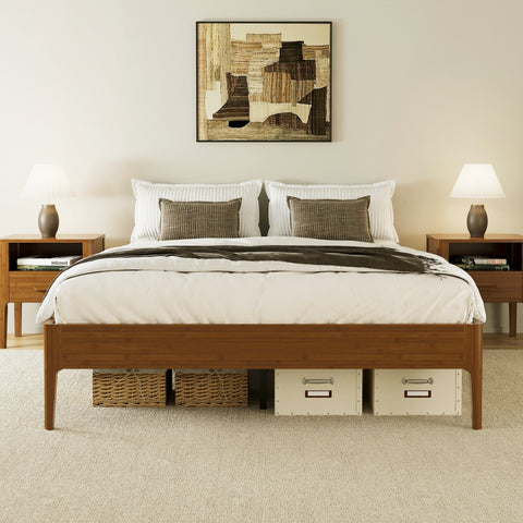 Queen Size Solid Dry Bamboo Wood Platform Bed Frame, with Wood Slat Metal Support, Modern & Minimalist Style, No Box Spring Needed, Easy Assembly, Brown