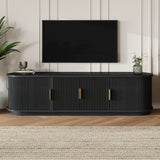 Farmhouse Wooden TV Stand with Sliding Tambour Door for TVs up to 75", Fluted Media Console with Adjustable Storage, Golden Handle TV Cabinet with Cable holes for Living Room