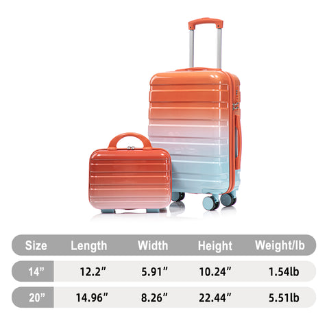 14"/20" 2 pcs/set in PC Spinner Wheel Luggage, Carry on Suitcase, With Gradient Color and Combination Lock