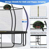 Trampoline with Basketball Hoop for Kids and Adults, Round Outdoor Trampoline with Enclosure Net & Curved Poles & Ladder