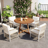 Modern 5-Piece Patio Extendable Wooden Dining Table Set, 12inch Butterfly Leaf Foldable Round Kitchen Table Set with 4 Rattan Arm Chairs for Backyard,Balcony, Garden, Poolside, Natural