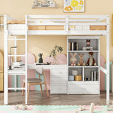 Full Size Loft Wood Bed with Desk, Storage shelves and Drawers, Built-in Ladder, High Loft Bed with Desk, Storage Shelves and Drawers,Guardrails