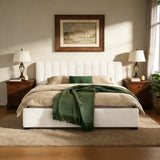 King Size Upholstered Bed Frame With Linen Fabric, Thick Headboard And Solid Wood Legs, Beige