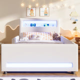 Twin Size upholstered platform bed with drawer, LED light strip, USB port, White