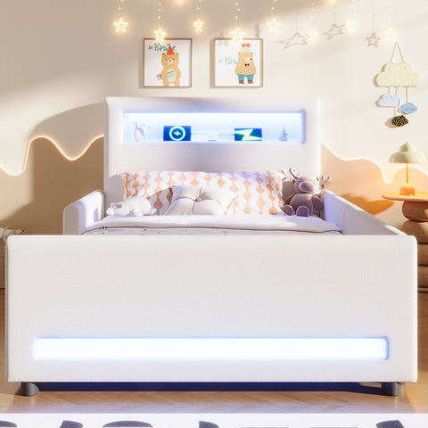Twin Size upholstered platform bed with drawer, LED light strip, USB port, White