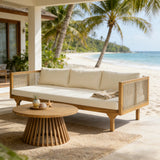 2-Piece Outdoor Patio Set: Sofa with Beige Cushions & Light Brown Rope Back + Round Acacia Wood Coffee Table, Teak Finish, Water Repellent, 600 lbs Sofa Capacity