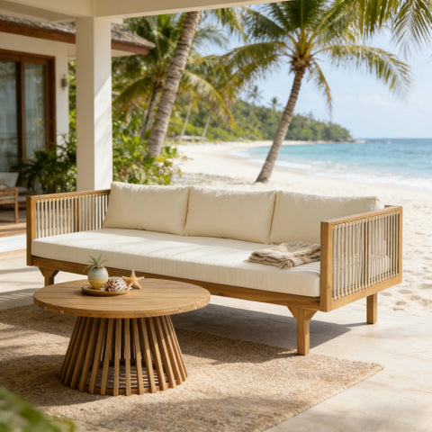 2-Piece Outdoor Patio Set: Sofa with Beige Cushions & Light Brown Rope Back + Round Acacia Wood Coffee Table, Teak Finish, Water Repellent, 600 lbs Sofa Capacity