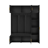 American Style 4-in-1 Hall Tree with Padded Bench, 4 Hooks, Cabinents & Storage Shelves for Entryway, Mudroom
