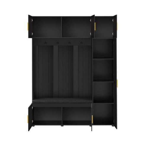 American Style 4-in-1 Hall Tree with Padded Bench, 4 Hooks, Cabinents & Storage Shelves for Entryway, Mudroom