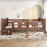 Full Size Floor Bed with Storage Bookcases, Solid Wood Kids Floor Bed with Cute Stairs and Guardrails, No Box Spring Needed, Natural