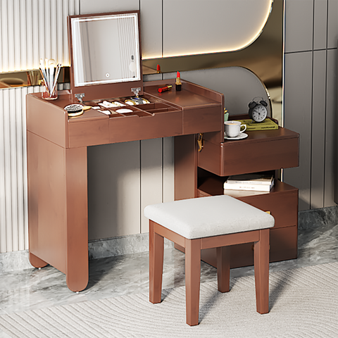 3-in-1 Makeup Vanity Desk with Flip-Top Mirror, LED Lighting, Adjustable Length & Ample Drawers - Stylish Multi-Functional Dressing Table for Home