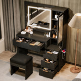 43.5" Vanity Desk with Mirror and Lights, Fluted Makeup Vanity with Charging Station, 5 Drawers and a Glass Door Cabinet, Dressing Table set with Hairdryer Holder and Storage Stool for Bedroom, Black