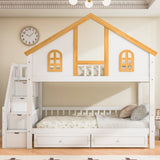 Twin Size Wooden House Roof Bunk Bed with Window Door and Roof,Storage Drawers and Staircase,White+Natural