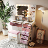 Vanity Desk with Glass Top and 11 Hollywood Bulbs, 3 Color Lighting Modes, Makeup Vanity with Pink Finish Drawers & Shelves, White Vanity Table with Stool for Bedroom