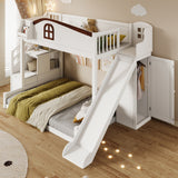 Twin over Full Bunk Bed with Storage Staircase, Shelf, Slide and Wardrobe, White+Espresso