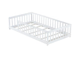 Twin Size Floor Bed with Fence, Rubber Wood Bed Frame with Safety Guardrails, No Spring Box Required, Perfect for Kids, White
