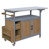 Rolling Patio BBQ Serving Cart Farmhouse Outdoor Kitchen Cart with Stainless Steel Top, Spice Rack, Towel Rack, Lockable Wheels,Gray&Brown