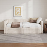 Twin to King Size Daybed with Trundle, Upholstered Extendable Sofa Bed Frame with Storage Drawers, Beige