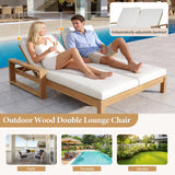 Outdoor Double Chaise Lounge Patio Daybed Recliner Lawn Sunbathing Bed with Adjustable Back & Cushion, Light Teak
