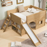 Full Size Low Loft Bed with Slide & Storage Shelves, Wooden Playhouse Design Bed Frame