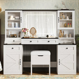 Farmhouse Vanity Desk Dressing Table with LED Light Mirror, Makeup Vanity Table w/ Glass Visual Desktop & Cushion Storage Stool, White