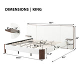 King Size Upholstered Platform Bed Frame Noise-Free Bed with Padded Headboard & Floating Side Tables, White & Brown