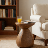 Round Side Table, Faux Wood Sculptural Accent Table for Indoor/Outdoor, Lightweight MGO Pedestal End Table, Natural