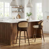 Set of 2 360° Swivel Rubberwood Barstools Counter Stools, PU Cushioned Seat with Rattan Backrest