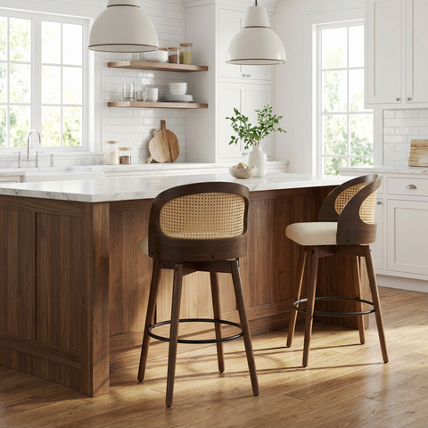 Set of 2 360° Swivel Rubberwood Barstools Counter Stools, PU Cushioned Seat with Rattan Backrest