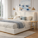 Luxury Wingback Upholstered Platform Bed, King Size Bed Frame with Solid Rubberwood Legs