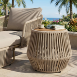 Round Outdoor Side Table, Acacia Wood Top with Handwoven Rope Base, Weather-Resistant Patio Accent Table