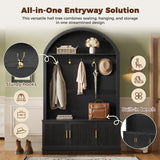 All-in-1 Arched Hall Tree Mudroom Coat Rack Organizer Entryway Bench Shoe Storage Cabinet with Hooks & Adjustable Shelves, Black