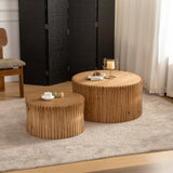 Set of 2 Vintage Cylindrical Nesting Coffee Table Set with Vertical Textured Embossed Design for Living Room, Office and Bedroom, Natural