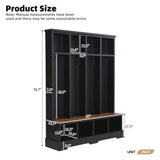 Farmhouse 59"W Wide Hall Tree with 8 Hooks, Practical Entryway Bench with Open Compartments, 76.7"H Modern 3-in-1 Wooden Style Coat and Shoe Rack for Mudroom, Living Room, Black