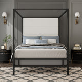 King Size Canopy Bed Metal 4-Poster Bed Frame with Tall Linen Fabric Upholstered Headboard, Box Spring Needed, Black+White