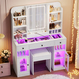 Vanity Desk with LED Mirror & RGB Light Cabinets, Glass Top Dressing Table Makeup Table with Drawers, Charging Station & Stool