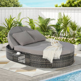 Patio Daybed Outdoor Chaise Lounge Sunbed Wicker Recliner Lounger with Adjustable Backrest, Foldable Cup Tray, Cushion & Pillow, Light Gray