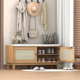 Boho Rattan Entryway Storage Bench, Cushioned Shoe Bench Wooden Shoe Organizer for Hallway/Living Room, Brown