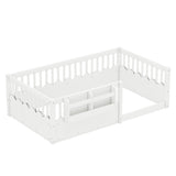 Twin Montessori Wood Floor Bed Frame with Heightened Fence & Bookshelf, Low-Profile Kids' Bed