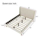 Queen Size Modern Cream Velvet Upholstered Platform Bed with Wingback Headboard and Walnut Wooden Legs, No Box Spring Needed