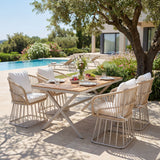 5-Piece Outdoor Dining Set, 55" Acacia Wood Dining Table+Wicker Chairs with Steel Frame & Removable Cushions