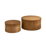 Set of 2 Vintage Cylindrical Nesting Coffee Table Set with Vertical Textured Embossed Design for Living Room, Office and Bedroom, Natural