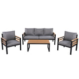 4-Piece Outdoor Patio Furniture Set with Acacia Wood Armrests, Metal Frame Patio Conversation Set with Coffee Table