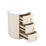 Upholstered Nightstand with 3 Drawers, Round Bedside Table with Metal Handles,Marbling Stickers Top Night Table for Bedroom, Fully Assembled Except Handles, Beige