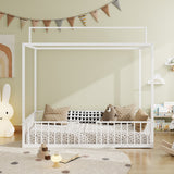 Twin Size 3-in-1 Convertible Montessori Metal Floor Bed, Fenced Toddler Bed, Canopy Platform Bed, White