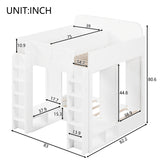 Triple Bunk Bed with Built-In Storage Shelves & Hooks, Loft Bed Frame with Safety Guardrails, Twin+Twin over Twin XL, White